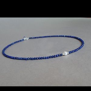 Lapis lazuli and Pearl Necklace beaded choker blue gemstone handmade jewelry